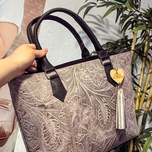 Chic Embossed Gray and cream colors Tote Bag with dark brown Handles